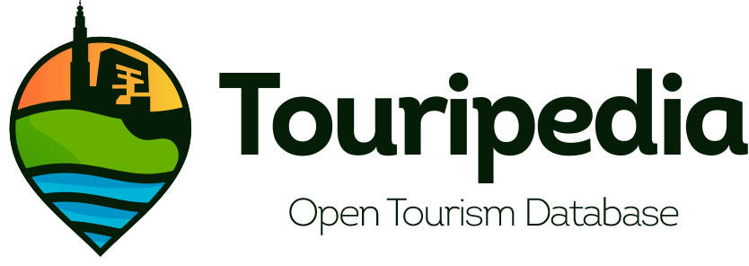 Logo voor Touripedia, met een locatiepin met gestileerd landschap en gebouwen, naast de tekst Touripedia en de tagline Open Tourism Database.
