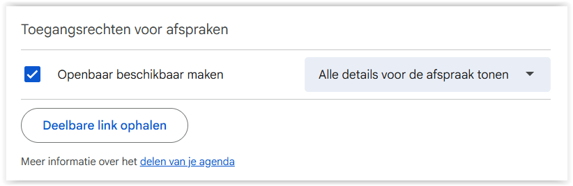 Instellingenscherm Google Agenda met Openbaar beschikbaar maken aangevinkt en de keuze Alle details voor de afspraak tonen.