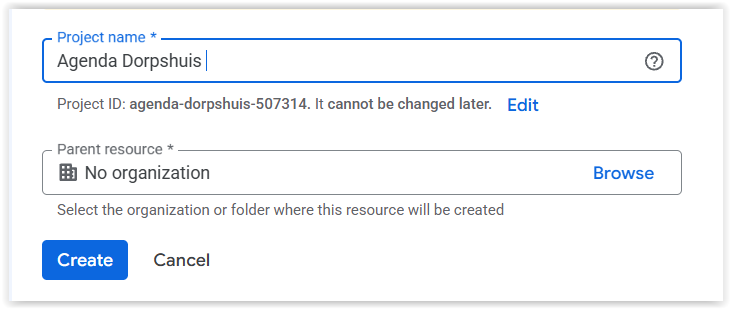 Aanmaakscherm van een nieuw project in de Google Cloud Console, met een veld Project name en een knop Create.