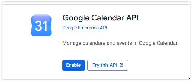 De pagina van de Google Calendar API in de Cloud Console, met een blauwe knop Enable.