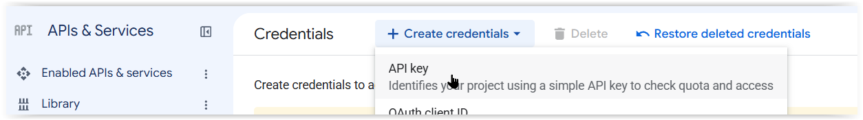 De Credentials-pagina met het geopende menu Create credentials en de eerste optie API key.