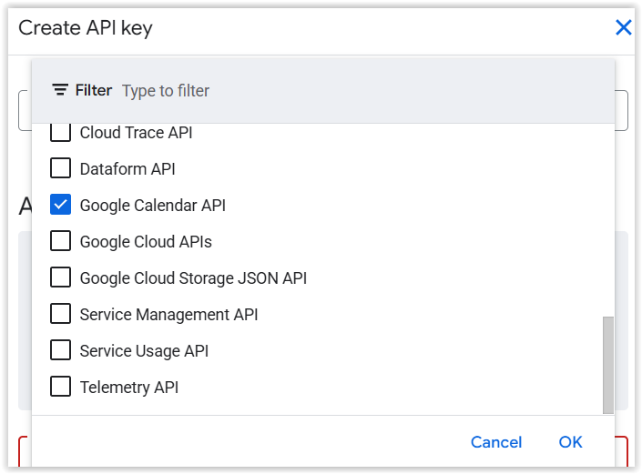 Uitgeklapte lijst met API's waarin alleen Google Calendar API is aangevinkt.