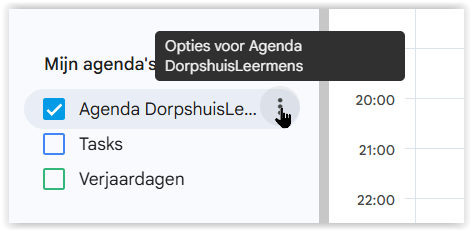 Google Agenda-zijbalk: naast de naam van de agenda staat een knop met drie puntjes.