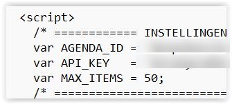 Het blok INSTELLINGEN bovenin het script, met de regels var AGENDA_ID, var API_KEY en var MAX_ITEMS.